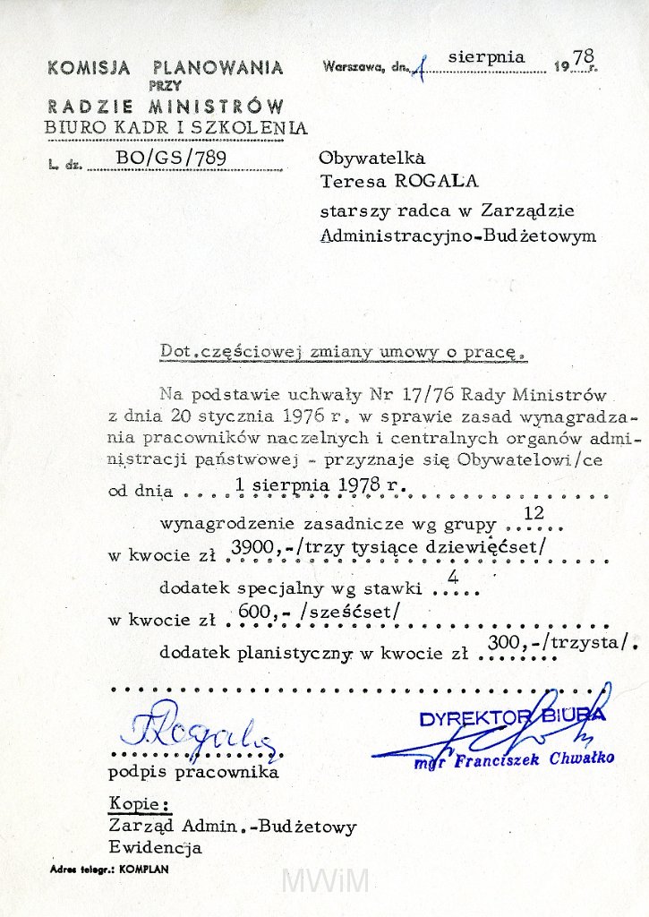 KKE 5831.jpg - Dok. Pismo wystawione przez Komisje Planowania przy Radzie Ministrów dla Teresy Rogala dotyczące wynagrodzenia zasadniczego, Warszawa, 1 VIII 1978 r.